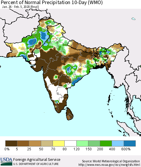 Southern Asia Percent of Normal Precipitation 10-Day (WMO) Thematic Map For 1/26/2020 - 2/5/2020