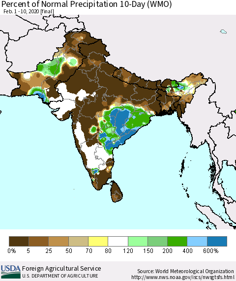 Southern Asia Percent of Normal Precipitation 10-Day (WMO) Thematic Map For 2/1/2020 - 2/10/2020