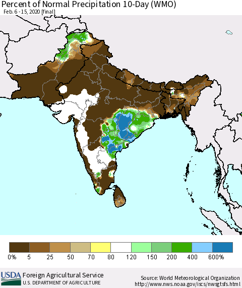 Southern Asia Percent of Normal Precipitation 10-Day (WMO) Thematic Map For 2/6/2020 - 2/15/2020