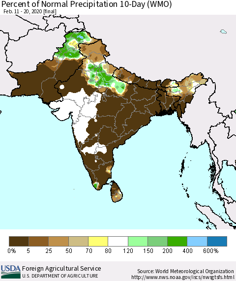 Southern Asia Percent of Normal Precipitation 10-Day (WMO) Thematic Map For 2/11/2020 - 2/20/2020