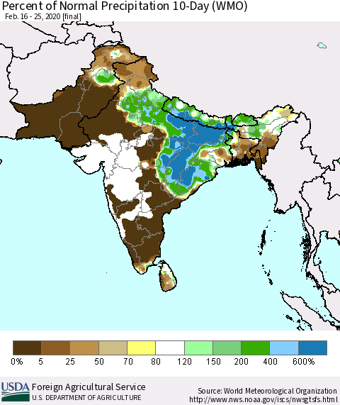 Southern Asia Percent of Normal Precipitation 10-Day (WMO) Thematic Map For 2/16/2020 - 2/25/2020