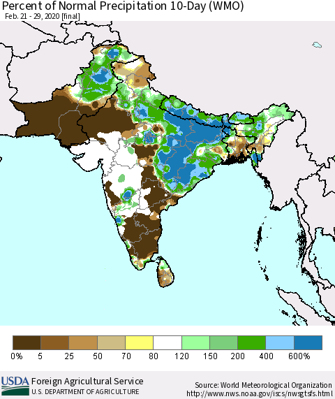 Southern Asia Percent of Normal Precipitation 10-Day (WMO) Thematic Map For 2/21/2020 - 2/29/2020