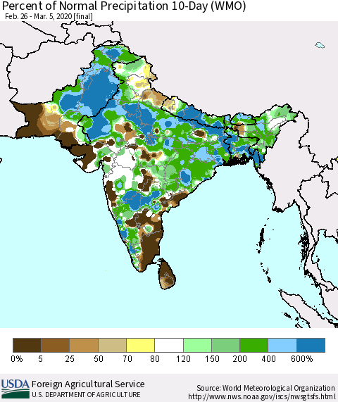 Southern Asia Percent of Normal Precipitation 10-Day (WMO) Thematic Map For 2/26/2020 - 3/5/2020