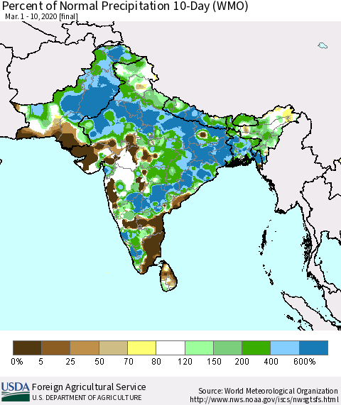 Southern Asia Percent of Normal Precipitation 10-Day (WMO) Thematic Map For 3/1/2020 - 3/10/2020