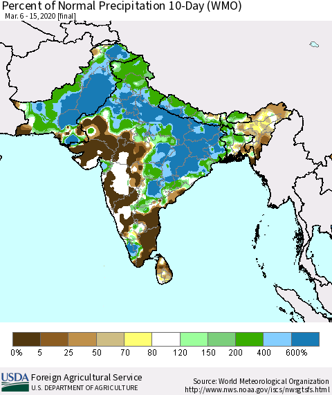Southern Asia Percent of Normal Precipitation 10-Day (WMO) Thematic Map For 3/6/2020 - 3/15/2020