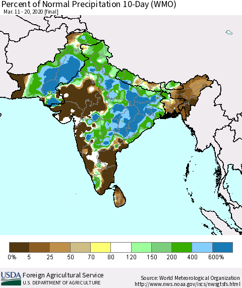 Southern Asia Percent of Normal Precipitation 10-Day (WMO) Thematic Map For 3/11/2020 - 3/20/2020