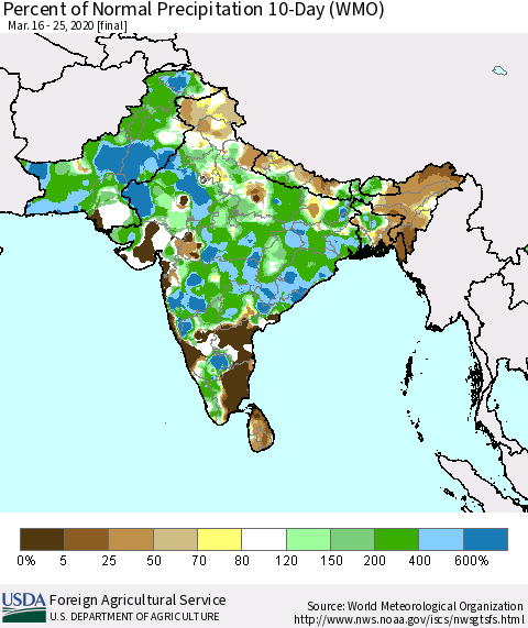 Southern Asia Percent of Normal Precipitation 10-Day (WMO) Thematic Map For 3/16/2020 - 3/25/2020