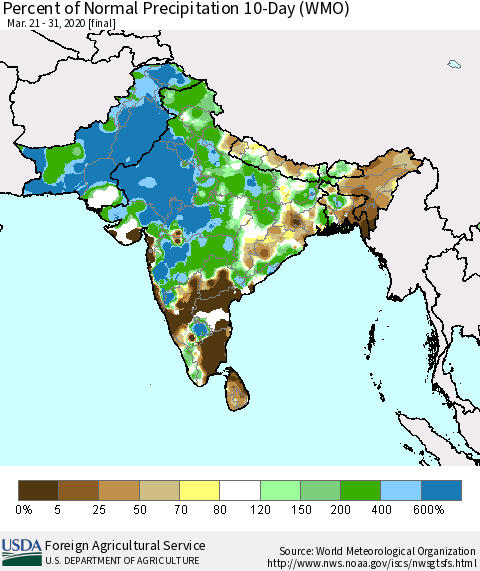 Southern Asia Percent of Normal Precipitation 10-Day (WMO) Thematic Map For 3/21/2020 - 3/31/2020