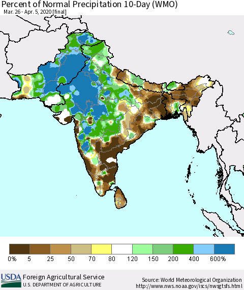 Southern Asia Percent of Normal Precipitation 10-Day (WMO) Thematic Map For 3/26/2020 - 4/5/2020