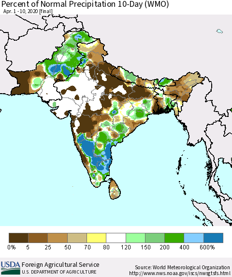 Southern Asia Percent of Normal Precipitation 10-Day (WMO) Thematic Map For 4/1/2020 - 4/10/2020