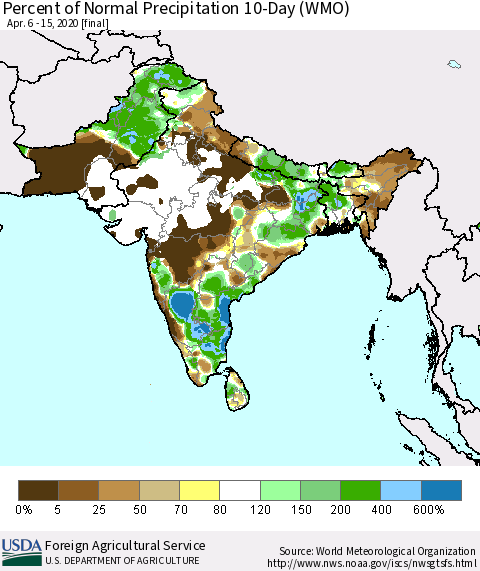 Southern Asia Percent of Normal Precipitation 10-Day (WMO) Thematic Map For 4/6/2020 - 4/15/2020