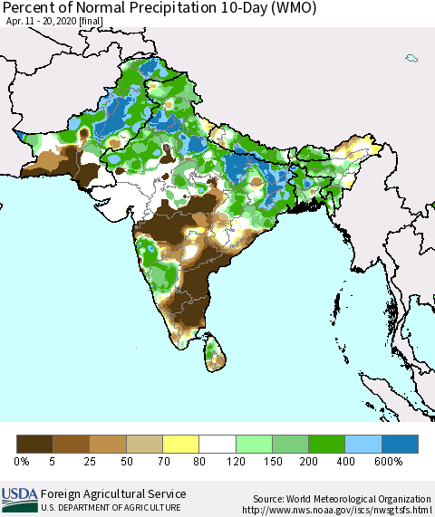 Southern Asia Percent of Normal Precipitation 10-Day (WMO) Thematic Map For 4/11/2020 - 4/20/2020