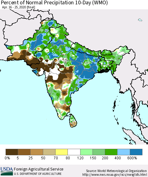 Southern Asia Percent of Normal Precipitation 10-Day (WMO) Thematic Map For 4/16/2020 - 4/25/2020