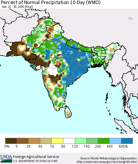 Southern Asia Percent of Normal Precipitation 10-Day (WMO) Thematic Map For 4/21/2020 - 4/30/2020