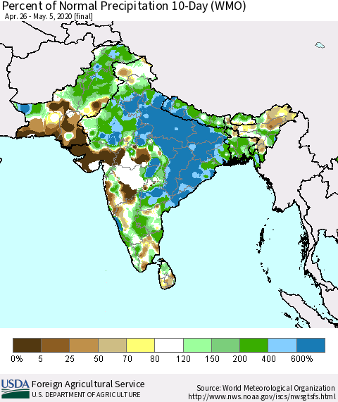 Southern Asia Percent of Normal Precipitation 10-Day (WMO) Thematic Map For 4/26/2020 - 5/5/2020