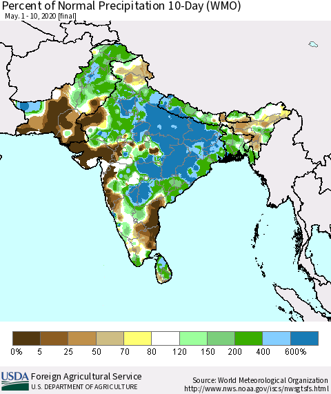 Southern Asia Percent of Normal Precipitation 10-Day (WMO) Thematic Map For 5/1/2020 - 5/10/2020