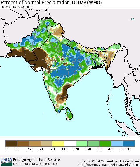 Southern Asia Percent of Normal Precipitation 10-Day (WMO) Thematic Map For 5/6/2020 - 5/15/2020