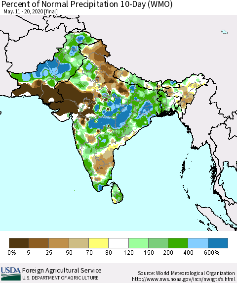 Southern Asia Percent of Normal Precipitation 10-Day (WMO) Thematic Map For 5/11/2020 - 5/20/2020