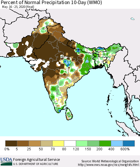Southern Asia Percent of Normal Precipitation 10-Day (WMO) Thematic Map For 5/16/2020 - 5/25/2020