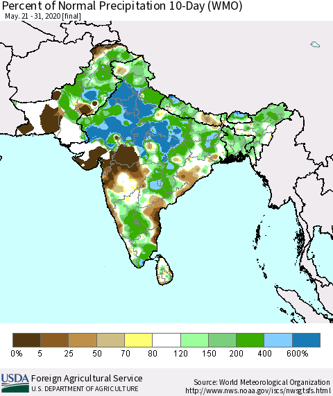 Southern Asia Percent of Normal Precipitation 10-Day (WMO) Thematic Map For 5/21/2020 - 5/31/2020