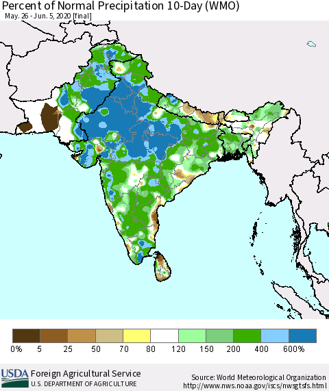 Southern Asia Percent of Normal Precipitation 10-Day (WMO) Thematic Map For 5/26/2020 - 6/5/2020
