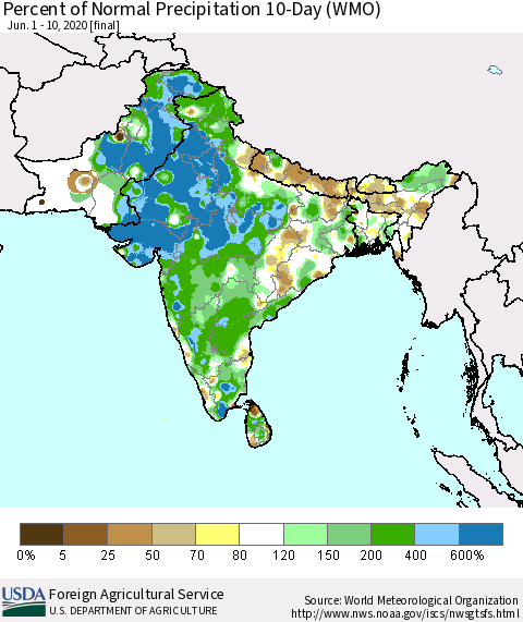 Southern Asia Percent of Normal Precipitation 10-Day (WMO) Thematic Map For 6/1/2020 - 6/10/2020
