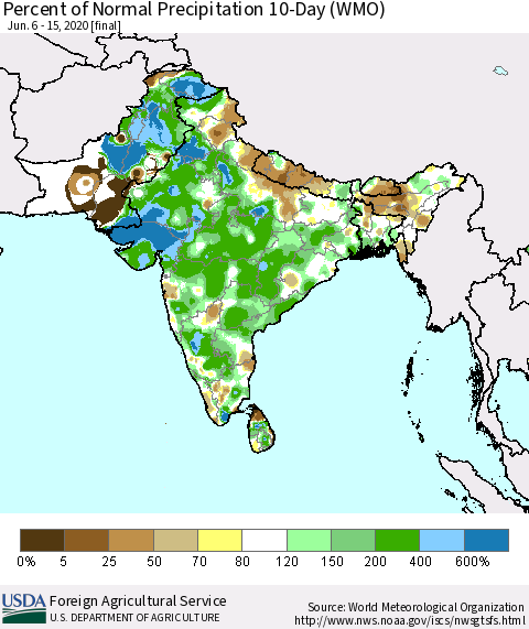 Southern Asia Percent of Normal Precipitation 10-Day (WMO) Thematic Map For 6/6/2020 - 6/15/2020