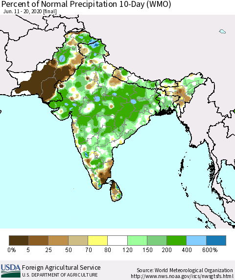 Southern Asia Percent of Normal Precipitation 10-Day (WMO) Thematic Map For 6/11/2020 - 6/20/2020
