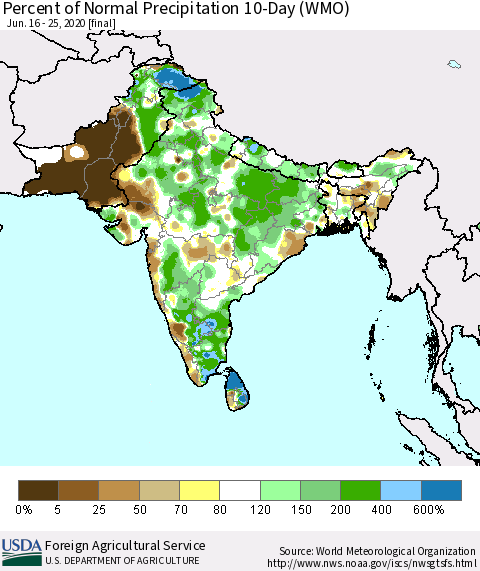 Southern Asia Percent of Normal Precipitation 10-Day (WMO) Thematic Map For 6/16/2020 - 6/25/2020