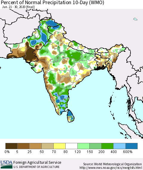 Southern Asia Percent of Normal Precipitation 10-Day (WMO) Thematic Map For 6/21/2020 - 6/30/2020