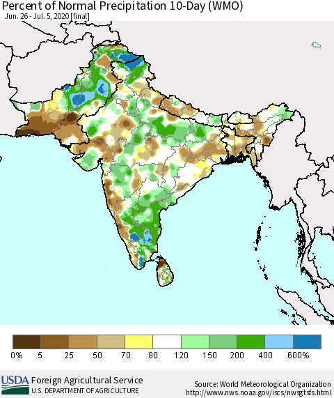 Southern Asia Percent of Normal Precipitation 10-Day (WMO) Thematic Map For 6/26/2020 - 7/5/2020