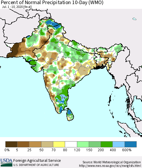 Southern Asia Percent of Normal Precipitation 10-Day (WMO) Thematic Map For 7/1/2020 - 7/10/2020