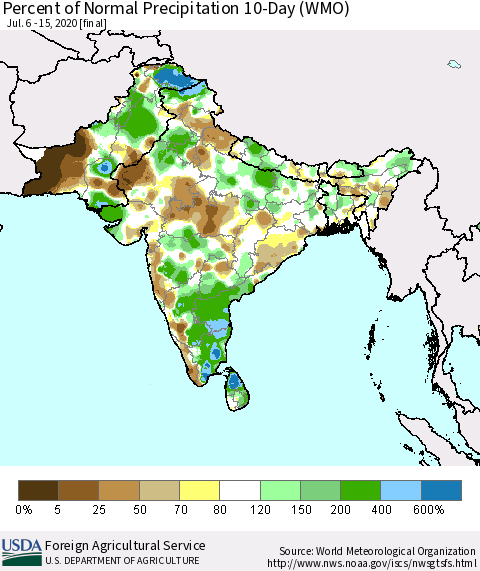 Southern Asia Percent of Normal Precipitation 10-Day (WMO) Thematic Map For 7/6/2020 - 7/15/2020