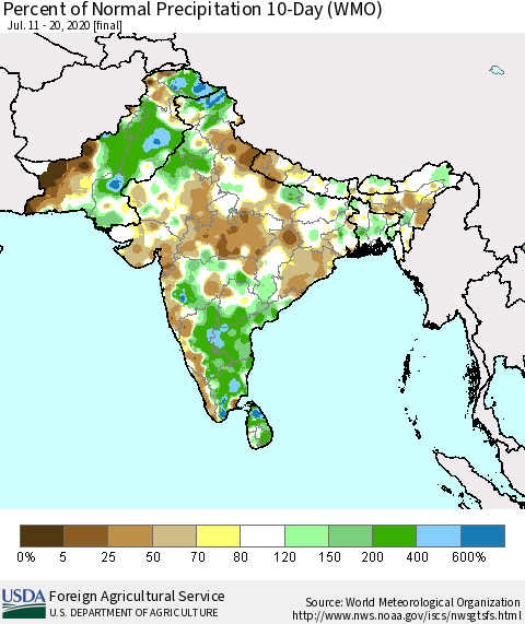 Southern Asia Percent of Normal Precipitation 10-Day (WMO) Thematic Map For 7/11/2020 - 7/20/2020