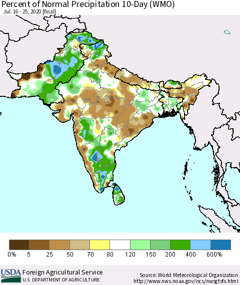 Southern Asia Percent of Normal Precipitation 10-Day (WMO) Thematic Map For 7/16/2020 - 7/25/2020
