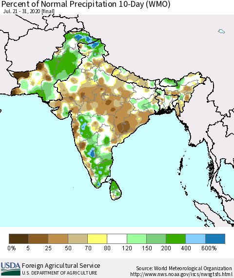Southern Asia Percent of Normal Precipitation 10-Day (WMO) Thematic Map For 7/21/2020 - 7/31/2020