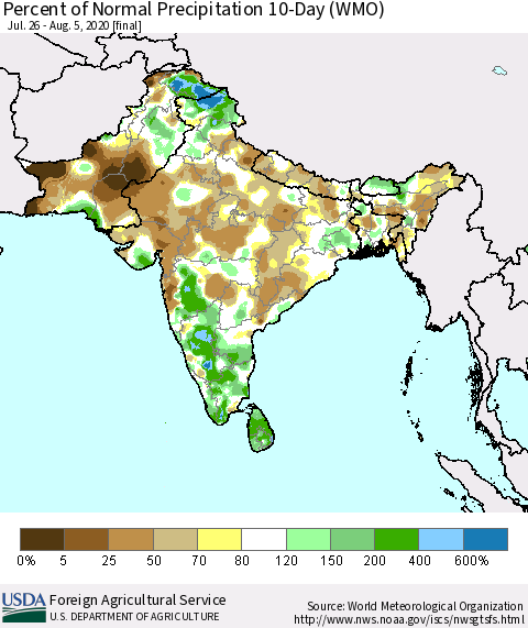 Southern Asia Percent of Normal Precipitation 10-Day (WMO) Thematic Map For 7/26/2020 - 8/5/2020