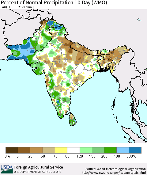 Southern Asia Percent of Normal Precipitation 10-Day (WMO) Thematic Map For 8/1/2020 - 8/10/2020