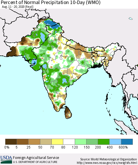Southern Asia Percent of Normal Precipitation 10-Day (WMO) Thematic Map For 8/11/2020 - 8/20/2020