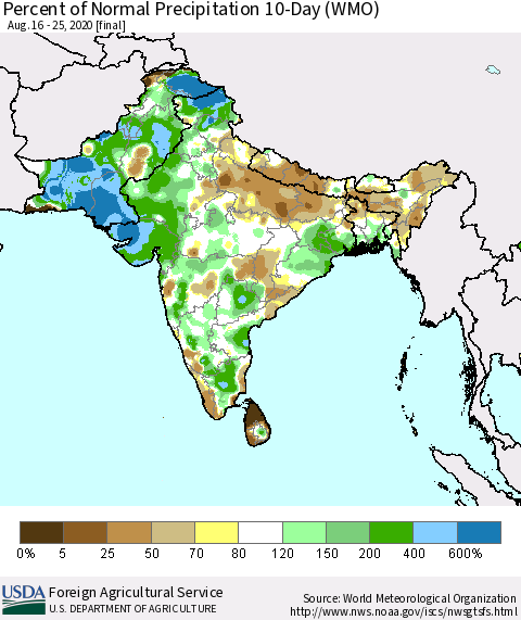 Southern Asia Percent of Normal Precipitation 10-Day (WMO) Thematic Map For 8/16/2020 - 8/25/2020