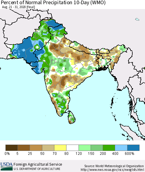 Southern Asia Percent of Normal Precipitation 10-Day (WMO) Thematic Map For 8/21/2020 - 8/31/2020
