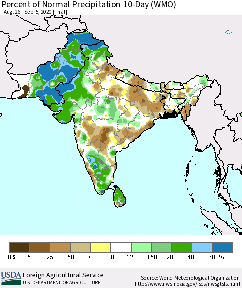 Southern Asia Percent of Normal Precipitation 10-Day (WMO) Thematic Map For 8/26/2020 - 9/5/2020