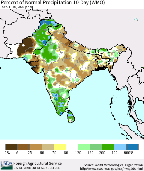 Southern Asia Percent of Normal Precipitation 10-Day (WMO) Thematic Map For 9/1/2020 - 9/10/2020