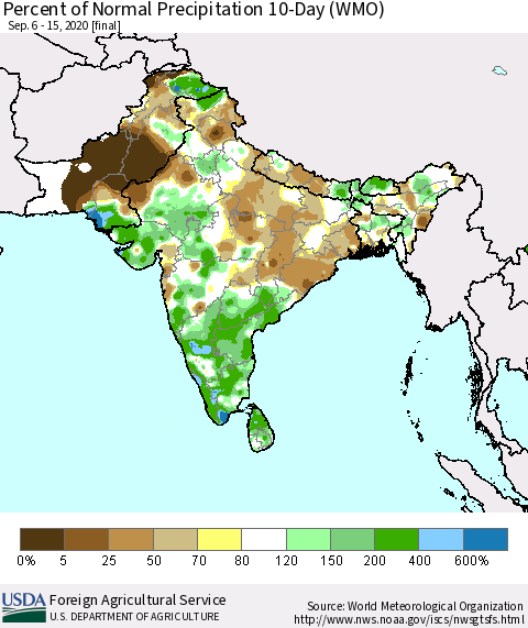 Southern Asia Percent of Normal Precipitation 10-Day (WMO) Thematic Map For 9/6/2020 - 9/15/2020