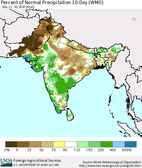 Southern Asia Percent of Normal Precipitation 10-Day (WMO) Thematic Map For 9/11/2020 - 9/20/2020