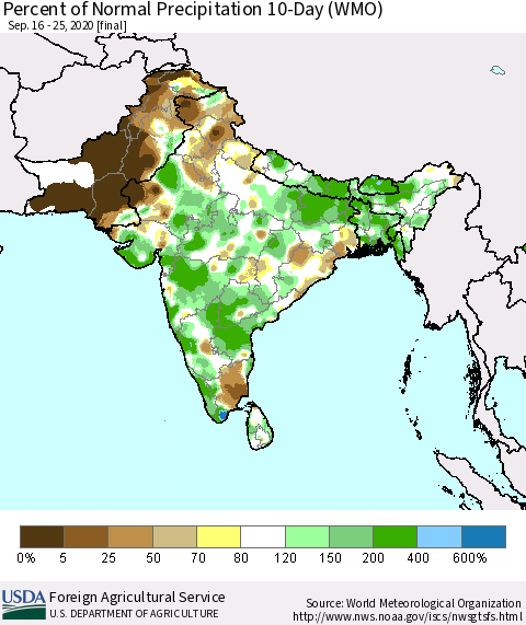 Southern Asia Percent of Normal Precipitation 10-Day (WMO) Thematic Map For 9/16/2020 - 9/25/2020