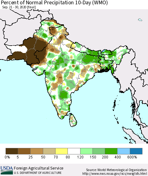 Southern Asia Percent of Normal Precipitation 10-Day (WMO) Thematic Map For 9/21/2020 - 9/30/2020