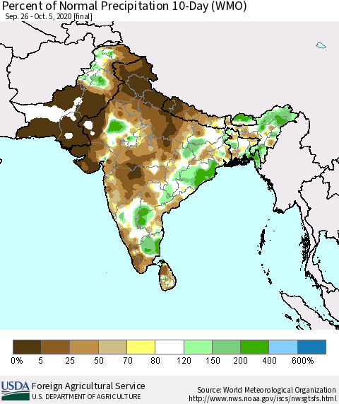 Southern Asia Percent of Normal Precipitation 10-Day (WMO) Thematic Map For 9/26/2020 - 10/5/2020