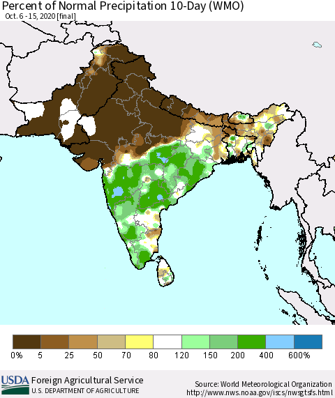 Southern Asia Percent of Normal Precipitation 10-Day (WMO) Thematic Map For 10/6/2020 - 10/15/2020