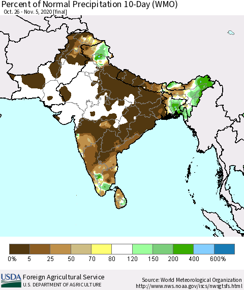 Southern Asia Percent of Normal Precipitation 10-Day (WMO) Thematic Map For 10/26/2020 - 11/5/2020